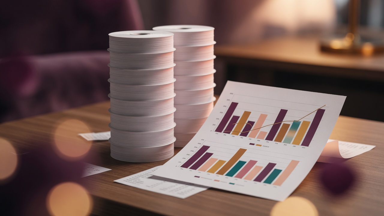 Receipt rolls beside a printed performance chart