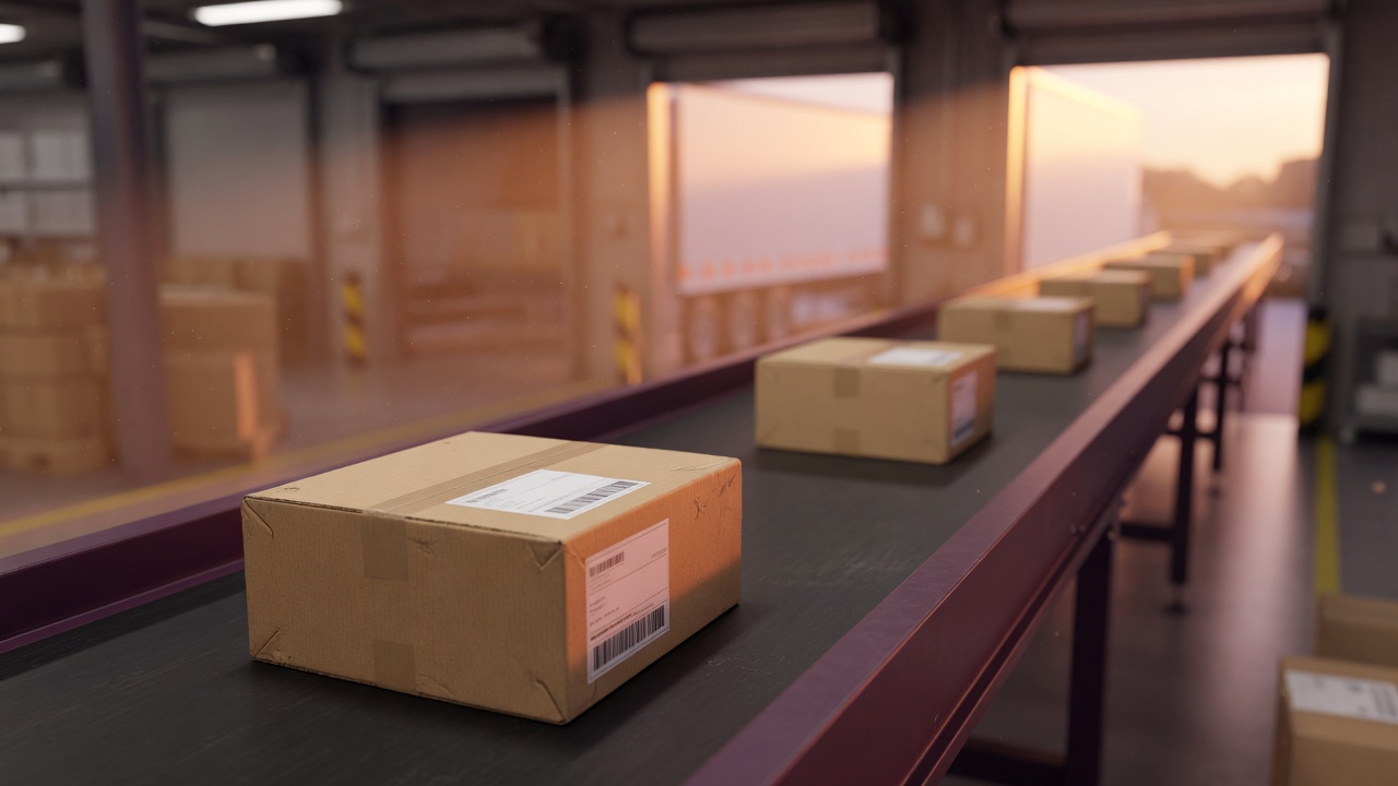 Outbound parcels moving down a conveyor