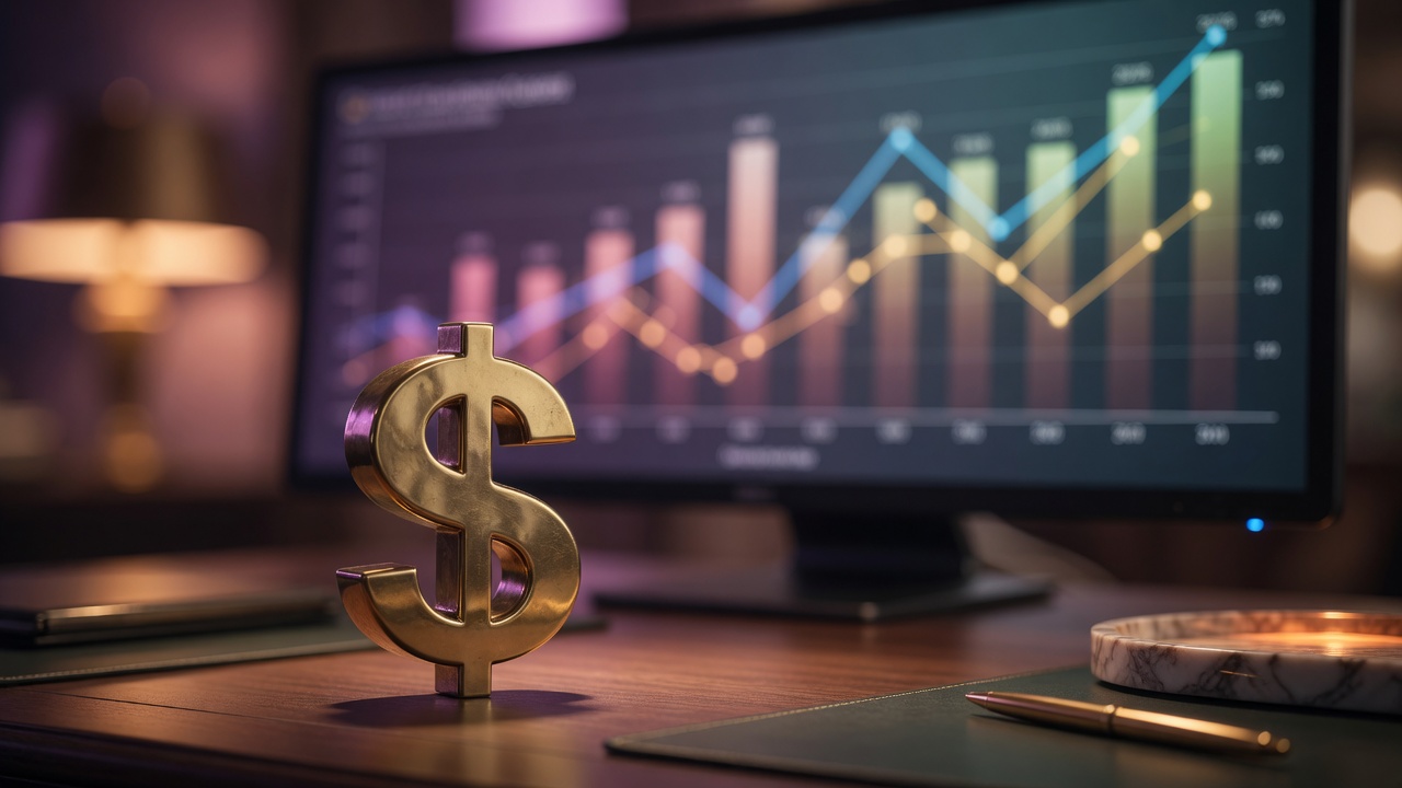 Dollar-sign paperweight in front of glowing performance charts